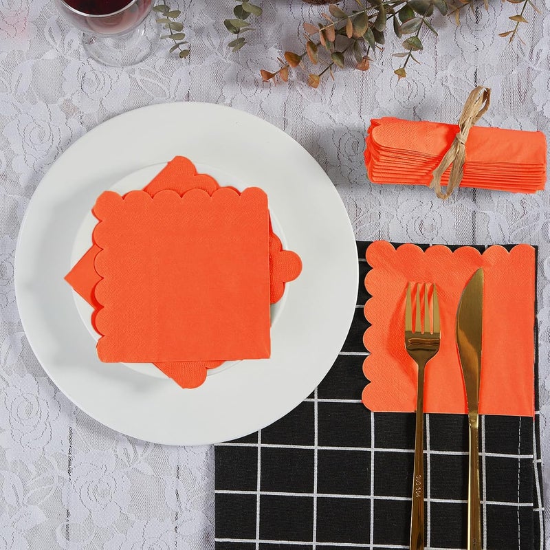 BEFORYOU 100 Pack Cocktail Napkin 2-Ply Scalloped Edged Dessert Napkins Folded 5 x 5 Inches Disposable Napkins for Dinner Wedding Birthday Party Bridal Anniversary Reception Event (Orange) - Image 5